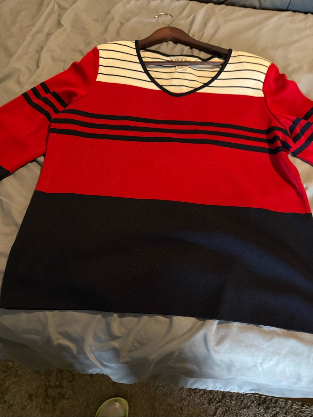 Misook Red Navy White Striped V-Neck Sweater